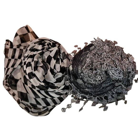 Vintage Scarves Set Neiman Marcus Italian Silk Geometric & Lace Checkered - Picture 2 of 14